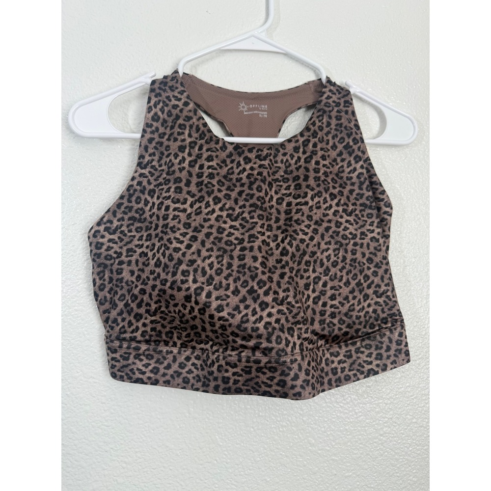 OFFLINE by Aerie Goals Gloss Leopard Print Sports Bra High Neck Brown XL NWT - Picture 2 of 10